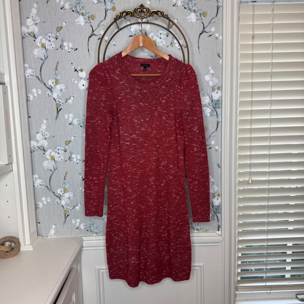 Talbots Red Marled Knit Long Sleeve Pointelle Sweater Dress JO5161 Womens S